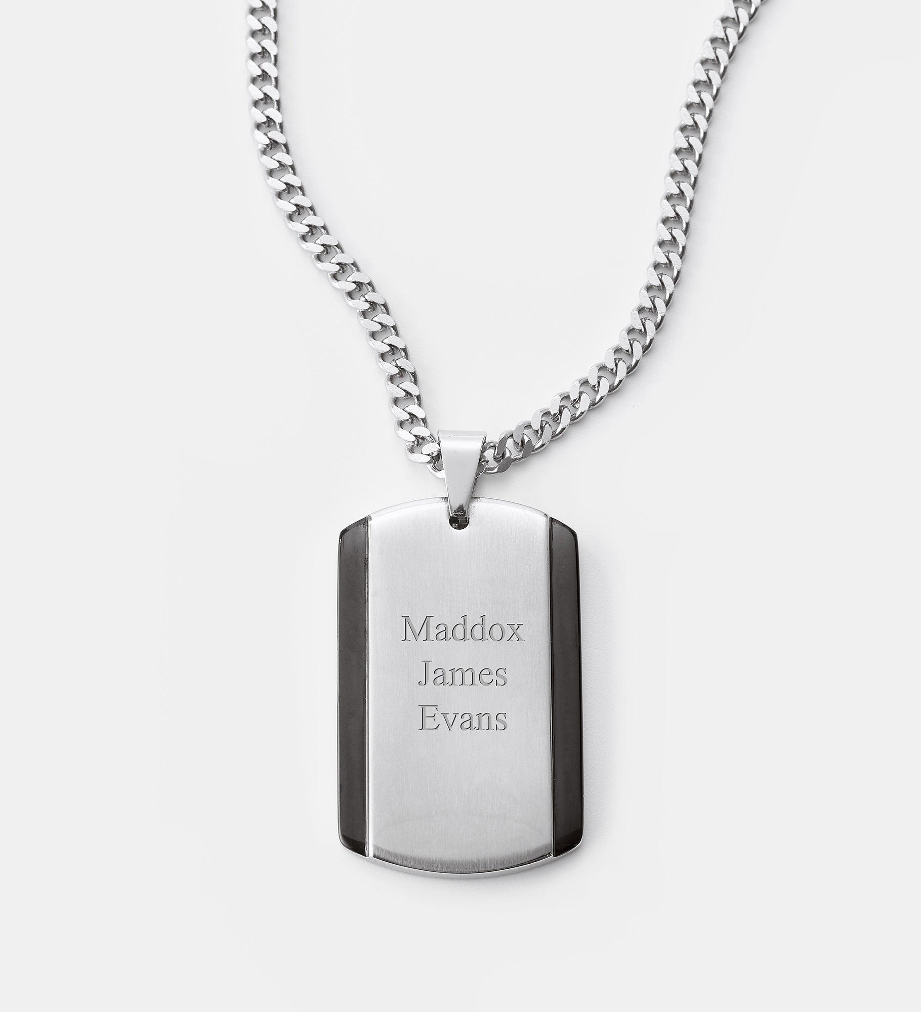 Engraved Stainless Steel and Black Dog Tag for Him Vertical Text