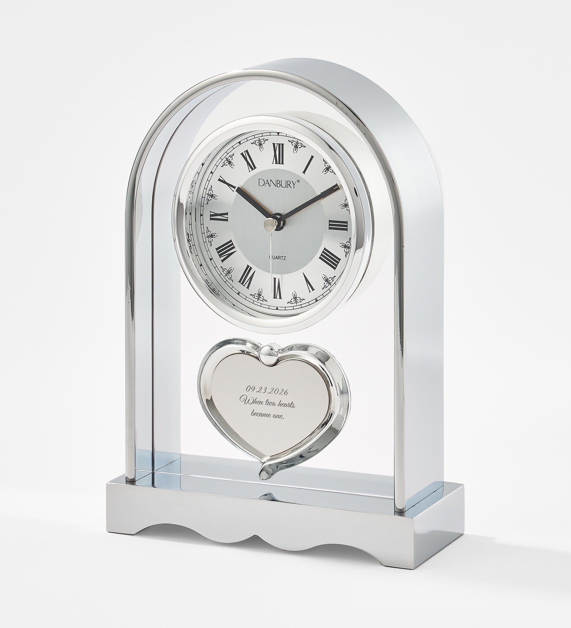 Engraved Silver Arch and Heart Clock