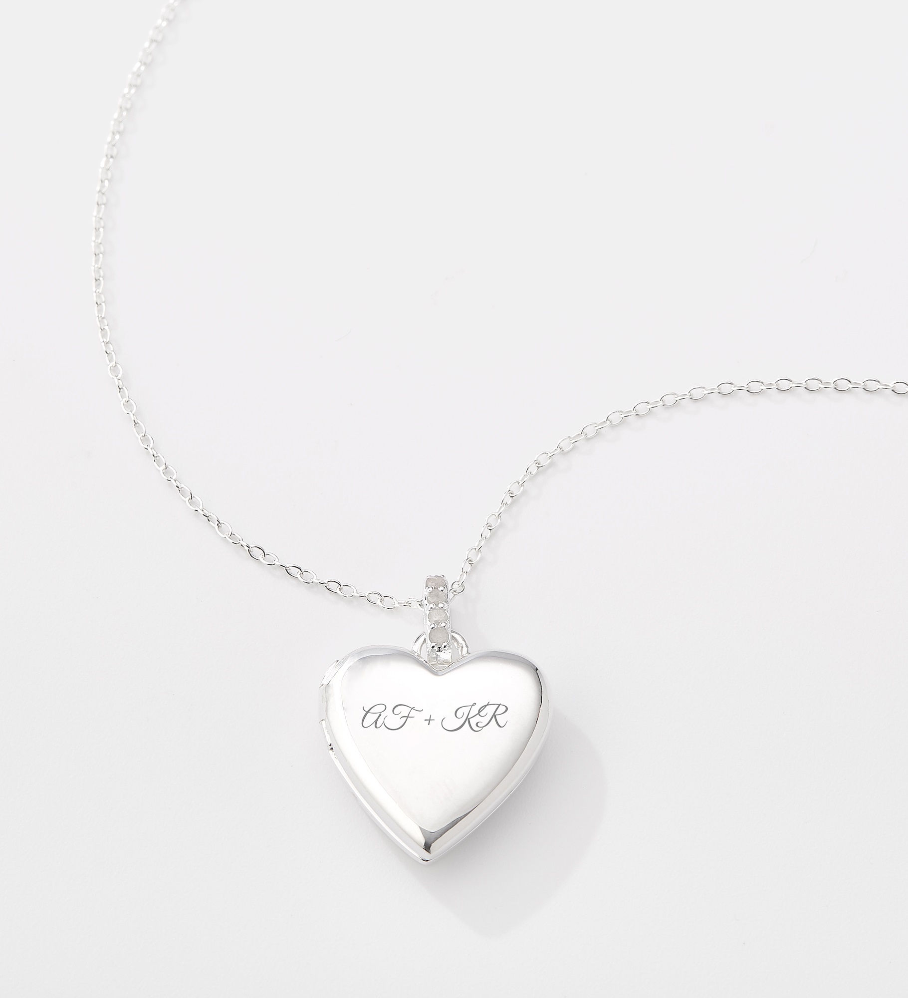  Engraved Sterling Silver Heart Locket with Diamonds Necklace