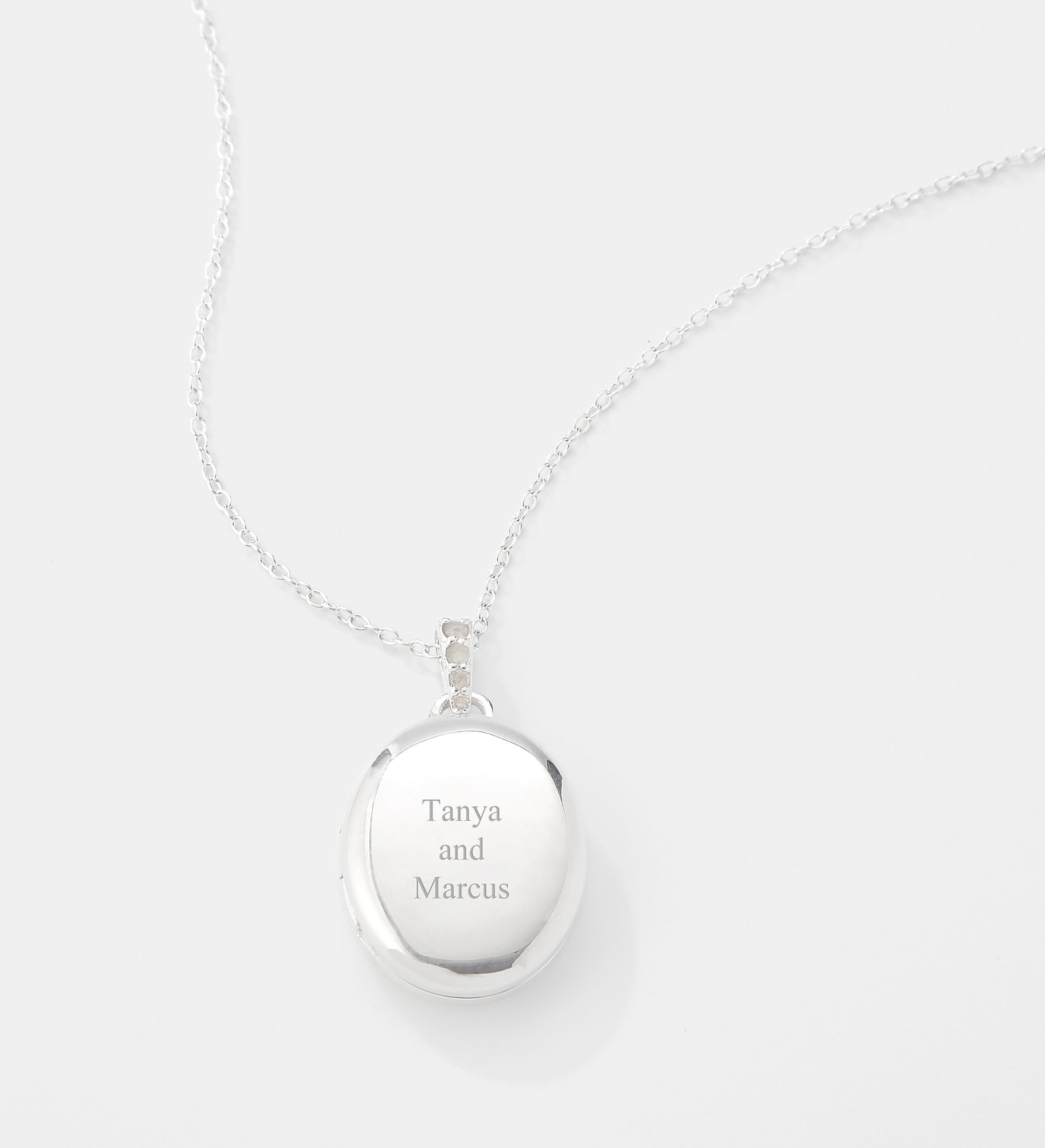 Engraved Sterling Silver Oval Locket with Diamonds Necklace