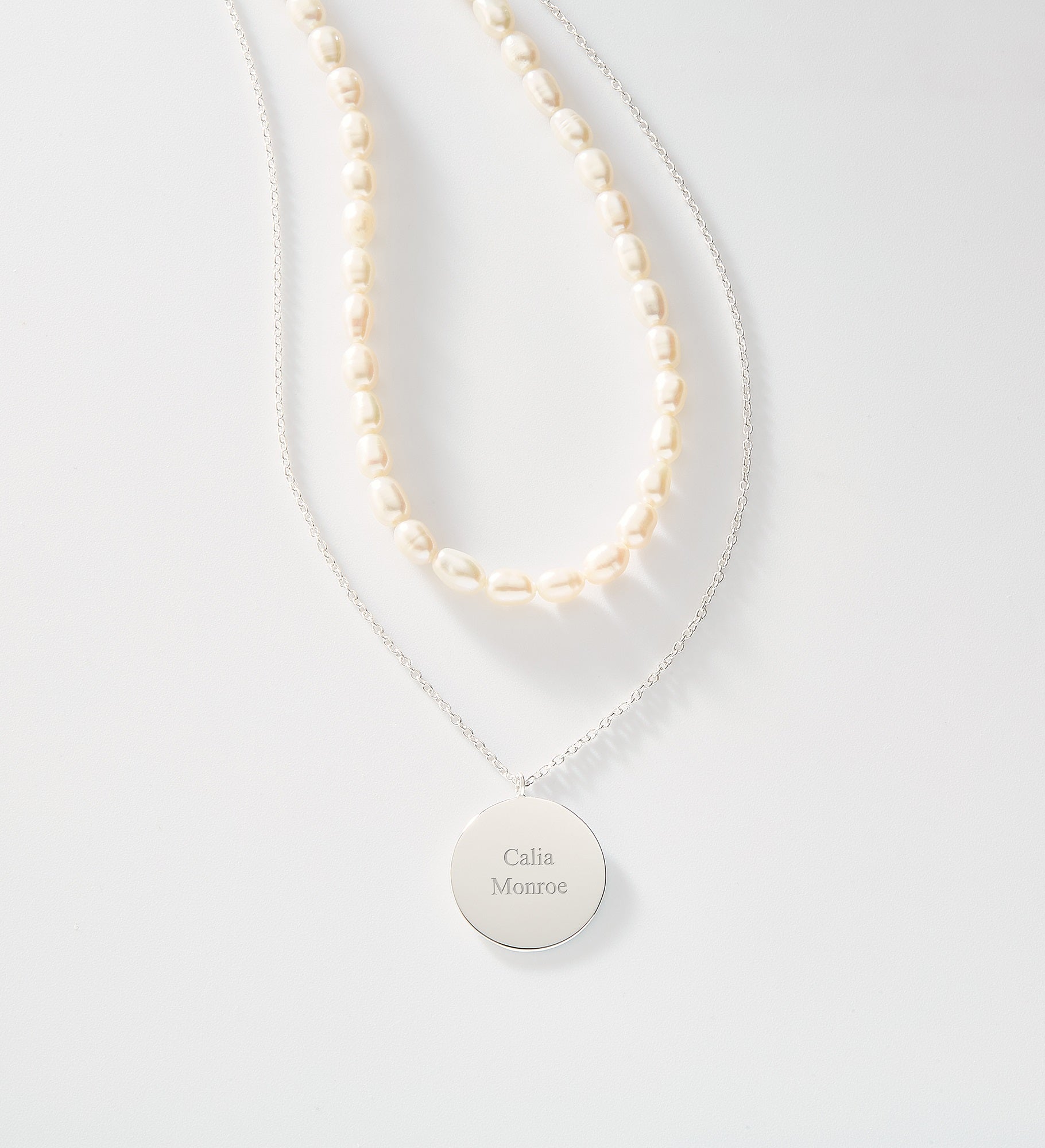 Engraved Pearl and Sterling Silver Pendant Necklace Set