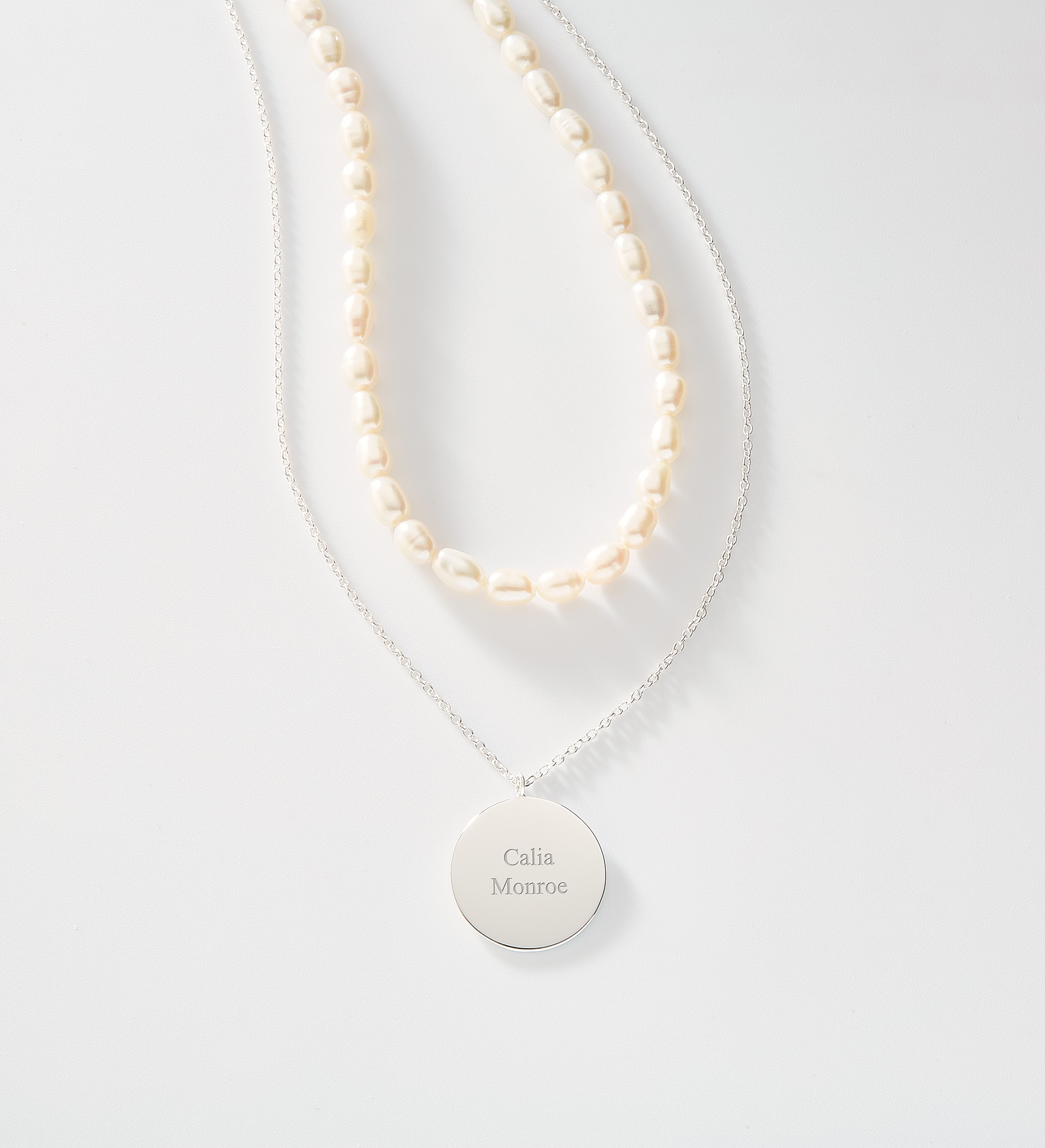  Engraved Pearl and Sterling Silver Pendant Necklace Set