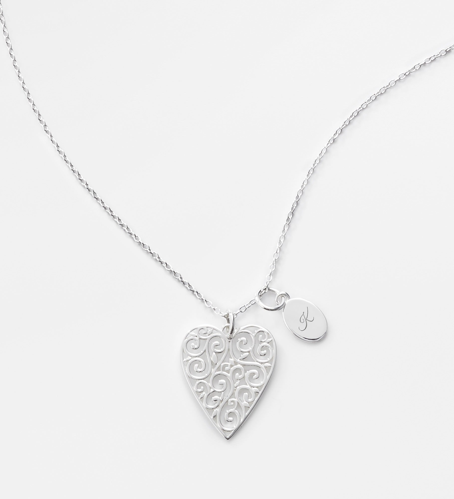Engraved Sterling Silver Filigree Heart Necklace