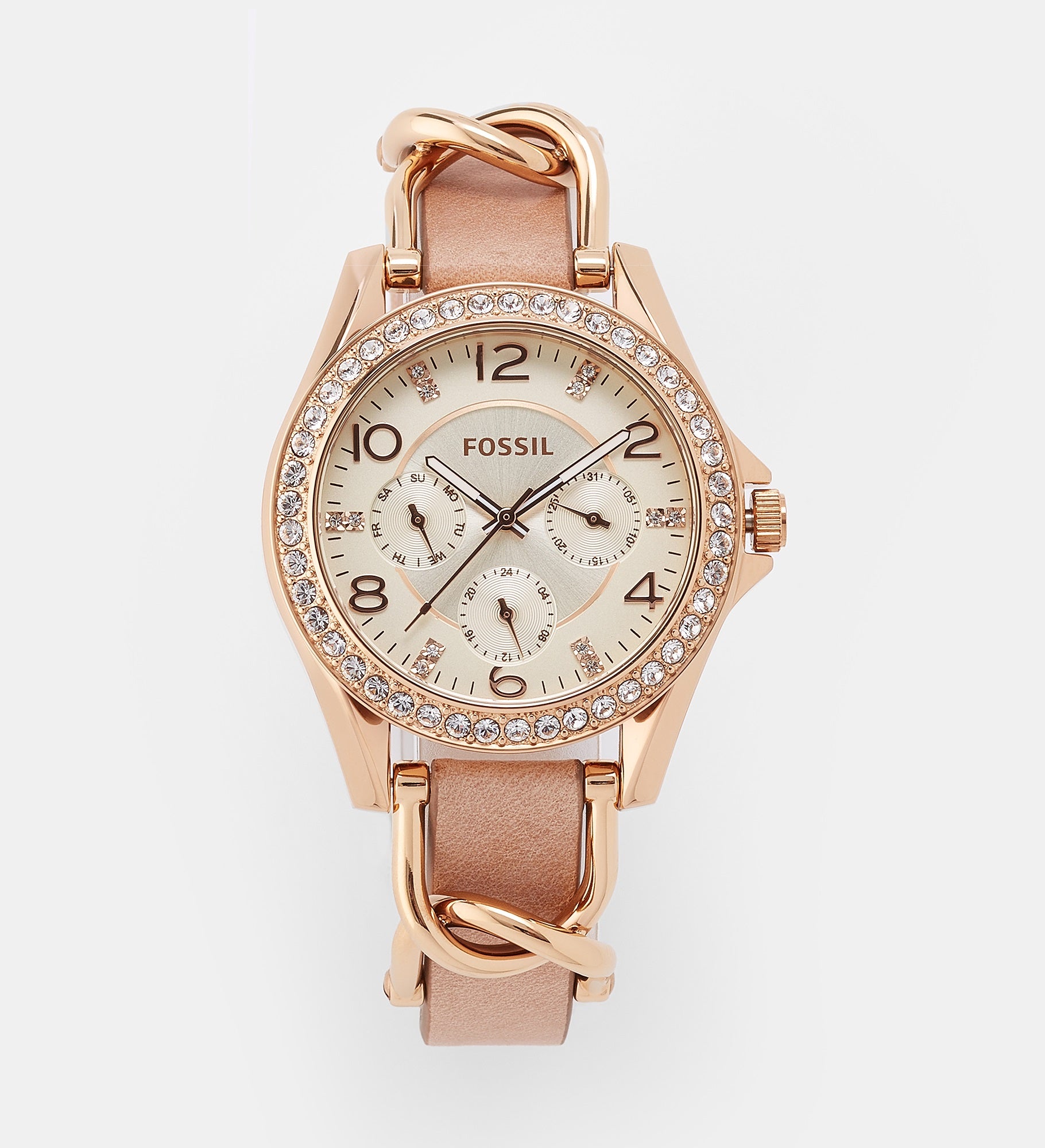 Engraved Fossil Riley Rose Gold & Pink Leather Watch