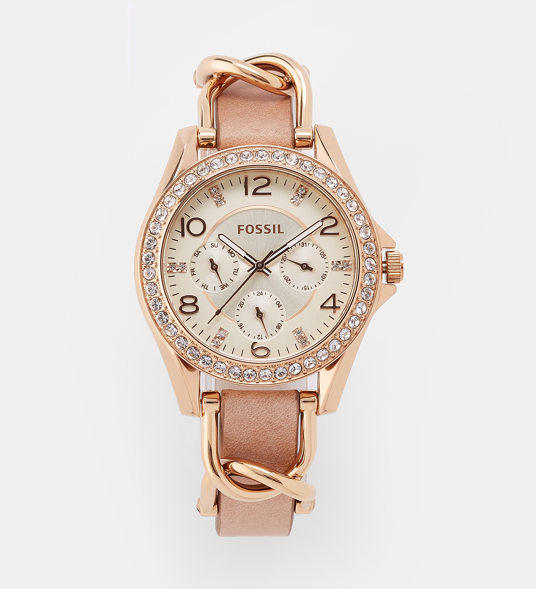  Engraved Fossil Riley Rose Gold & Pink Leather Watch