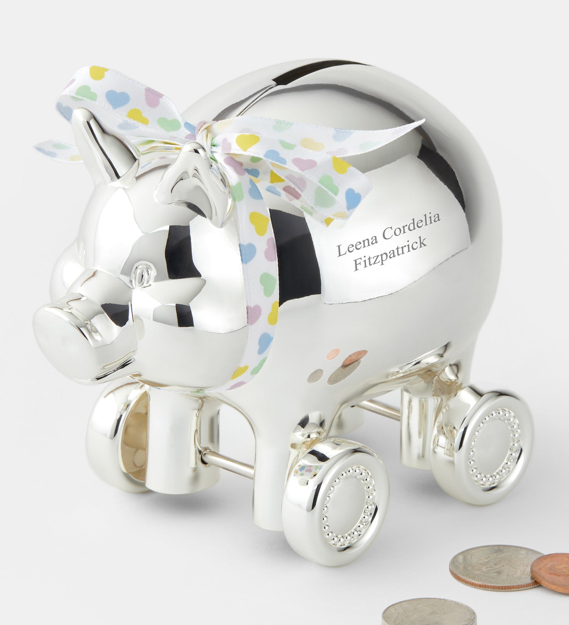 Engraved Reed & Barton Piggy on Wheels Coin Bank