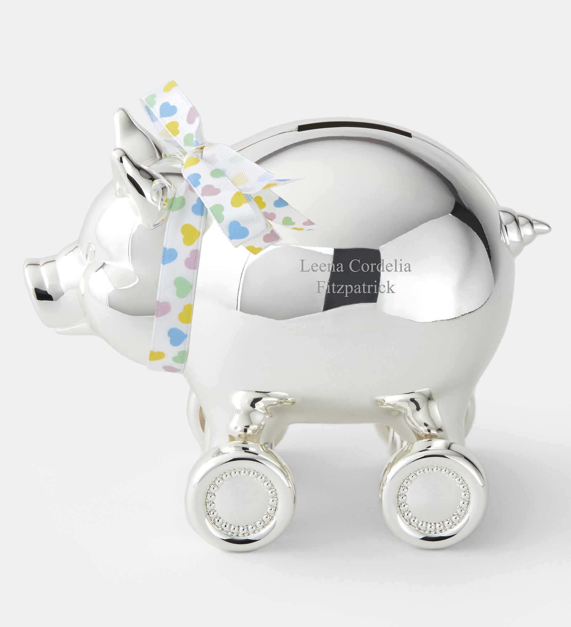 Engraved Reed & Barton Piggy on Wheels Coin Bank