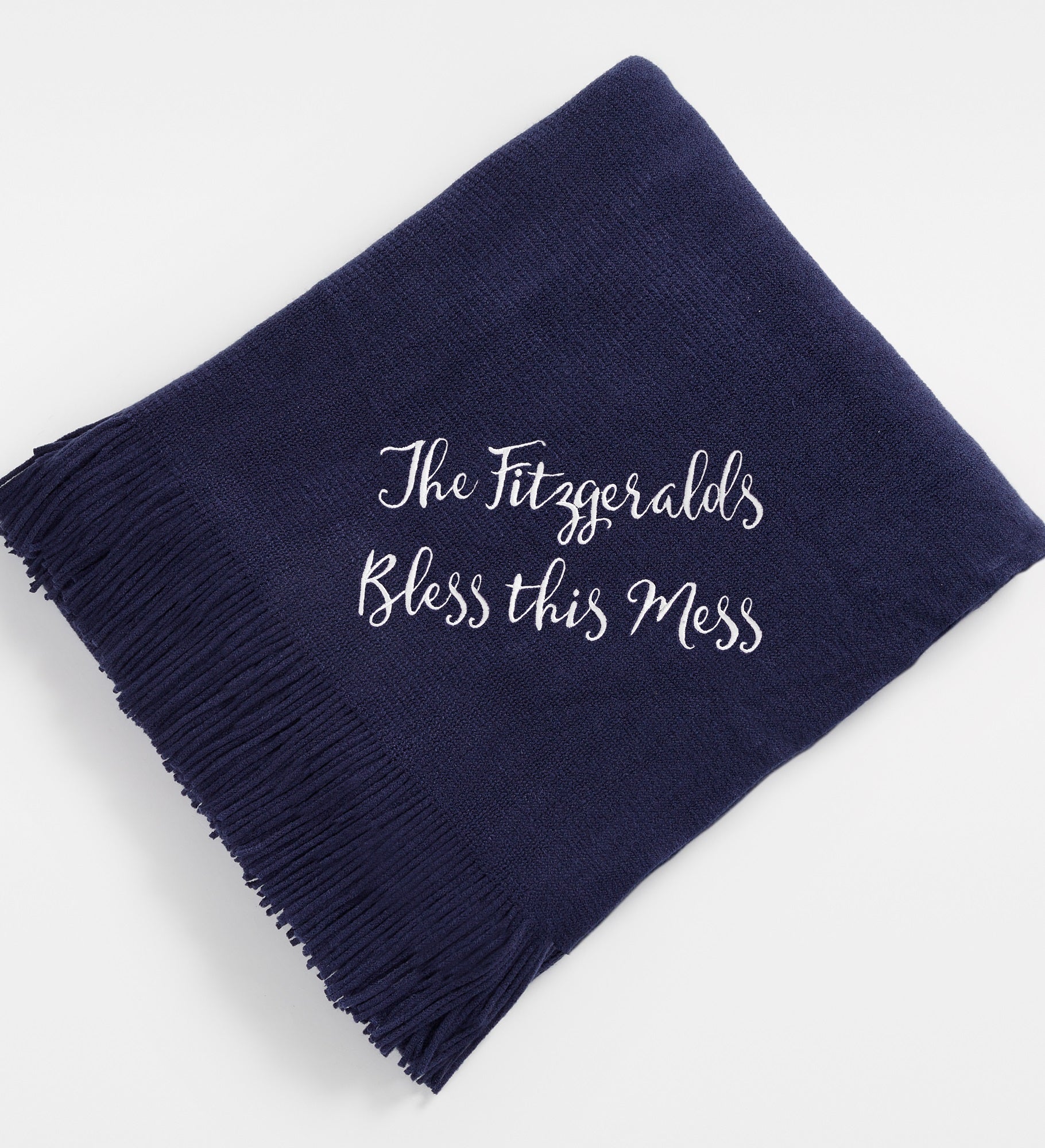 Embroidered Navy Knit Fringed Throw Blanket