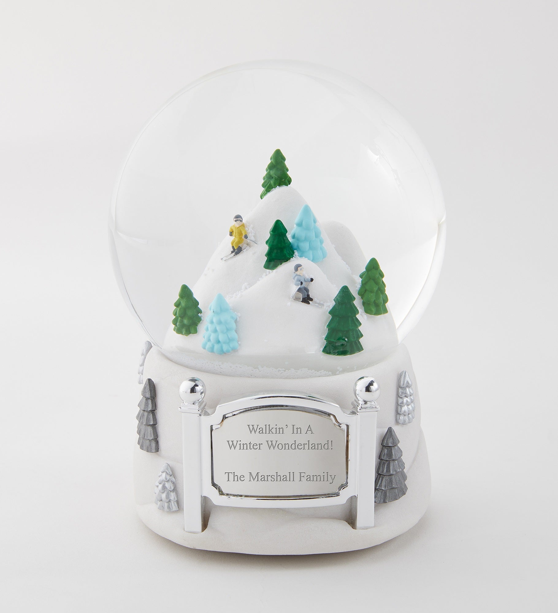 Engraved Skiing Mountain Musical Snow Globe