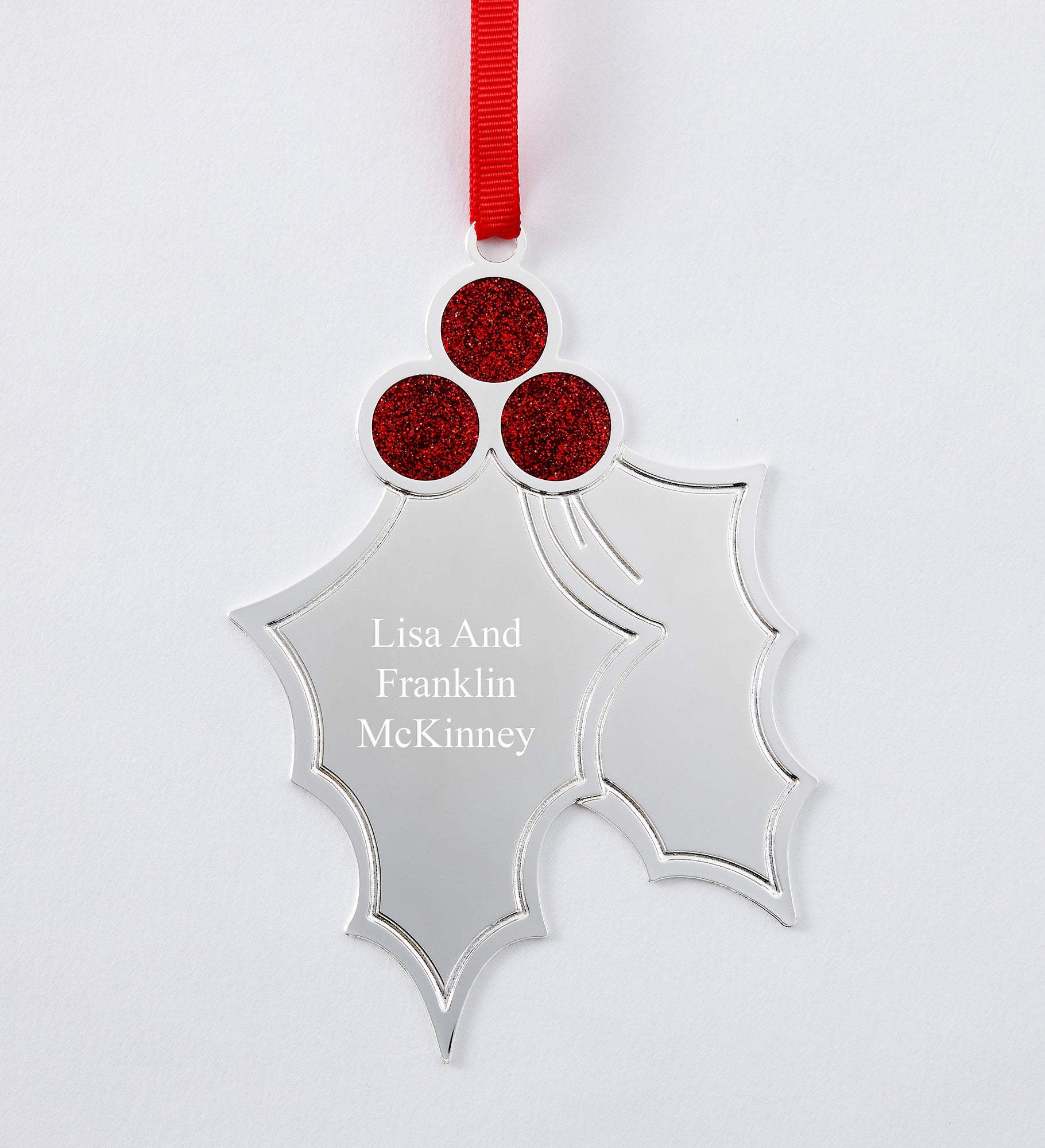 Engraved Silver Sparkling Holly Ornament