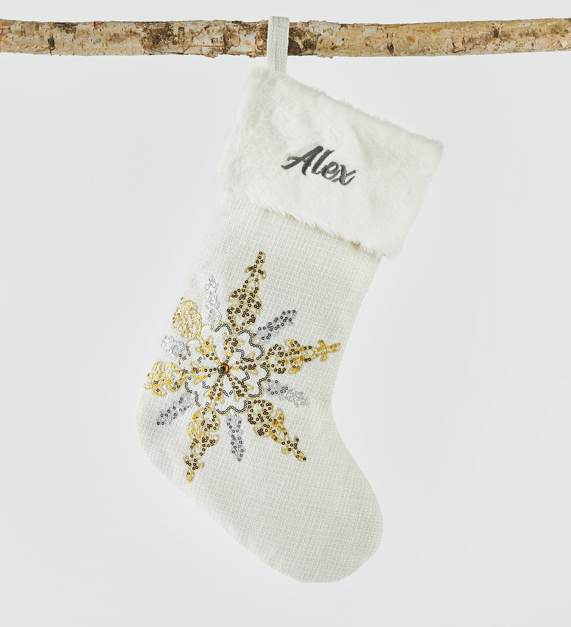 Embroidered Cream, Metallic Silver & Gold Snowflake Stocking