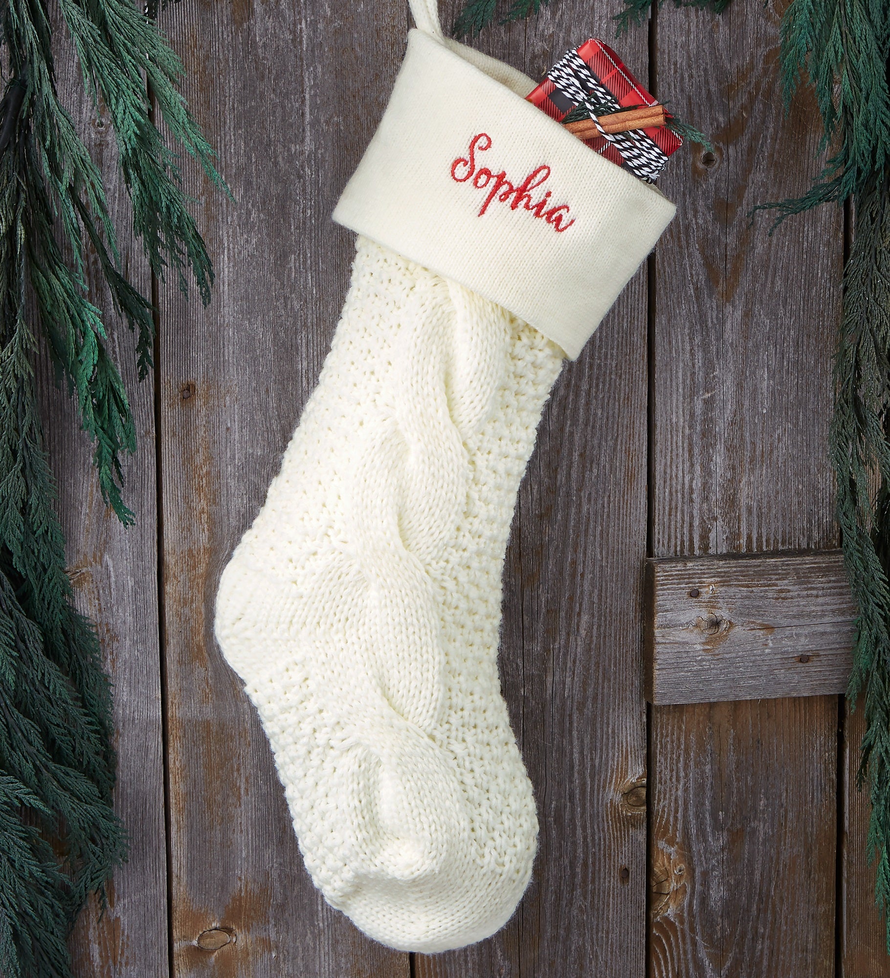 Kittenish Embroidered Cable Knit Stocking in Ivory
