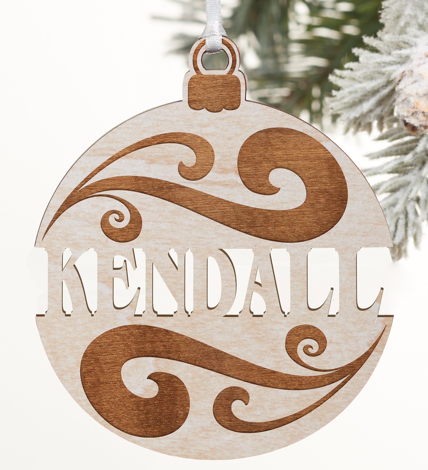 Kittenish Engraved Wood Bulb Ornament 