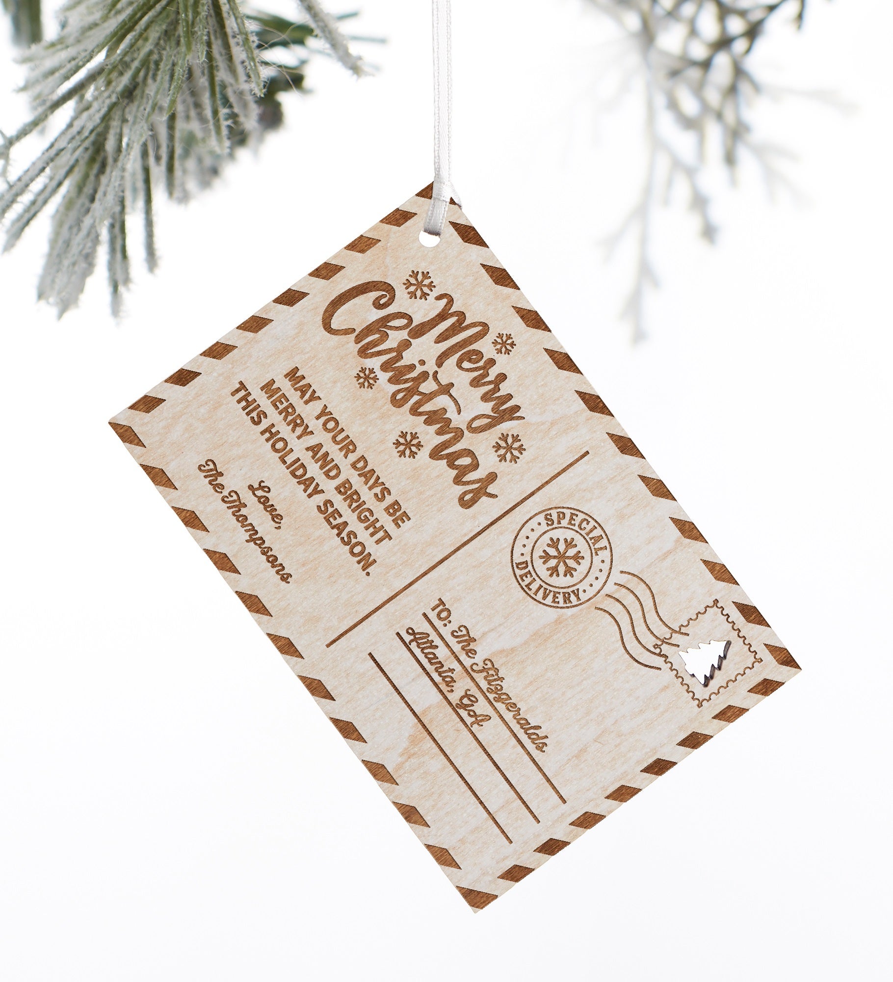 Kittenish Engraved Wood Holiday Postcard Ornament 