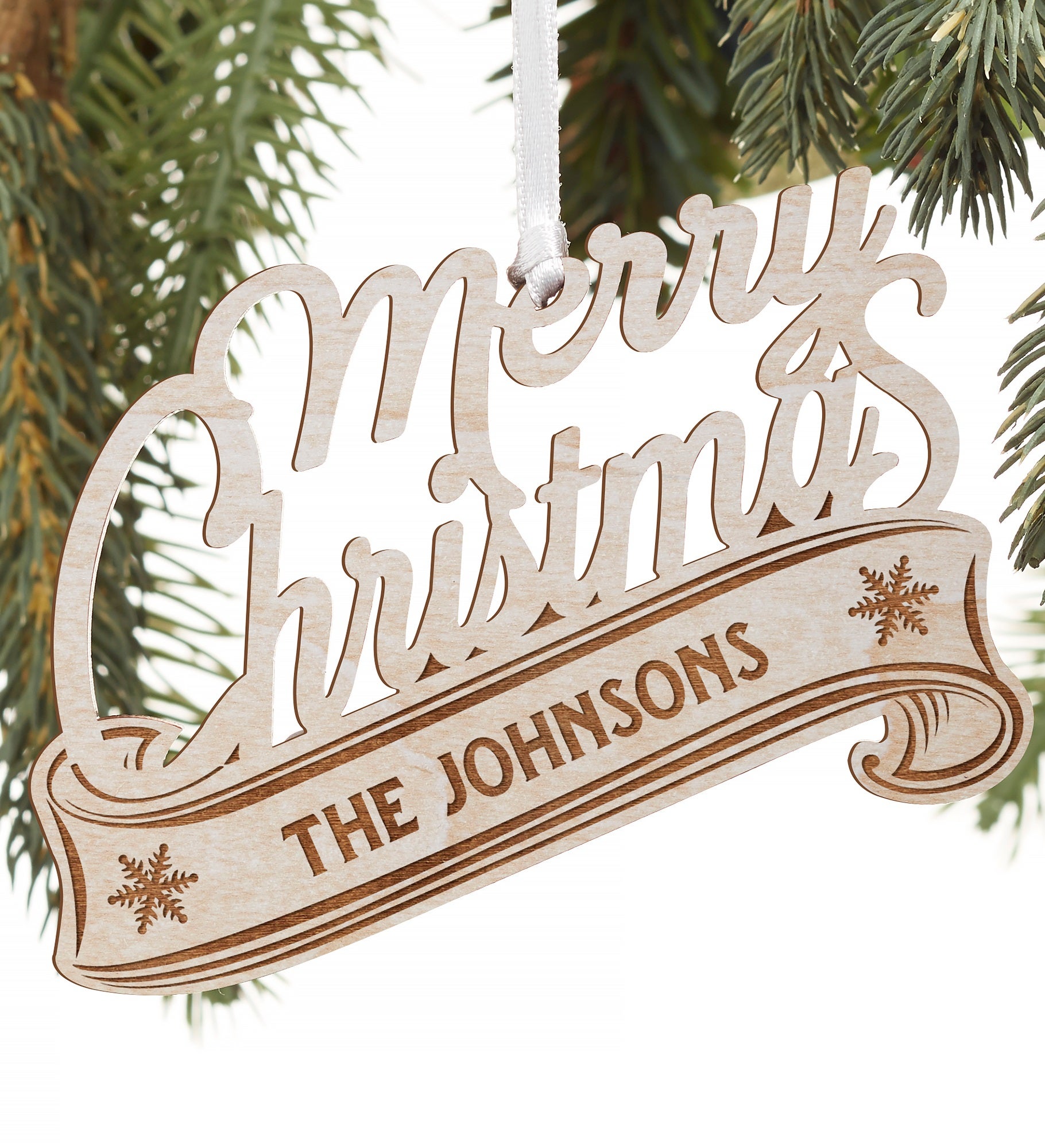 Kittenish Engraved Wood Merry Christmas Ornament