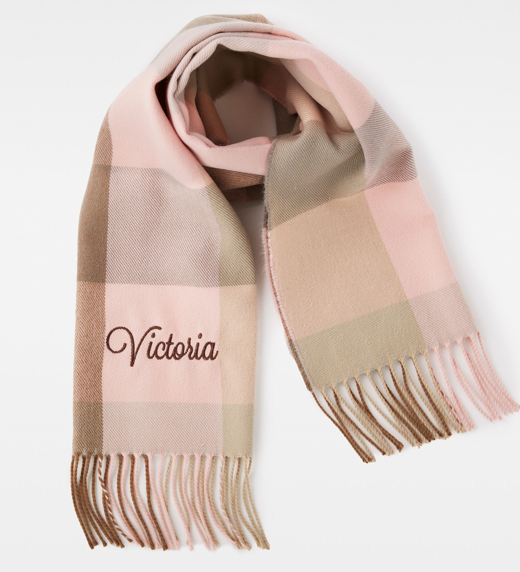 Kittenish Embroidered Soft Fringe Scarf in Pink Plaid 