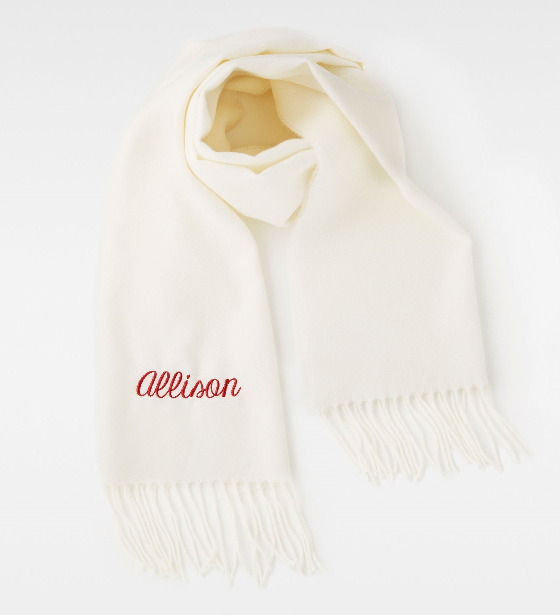 Kittenish Embroidered Soft Fringe Scarf in Solid Creme