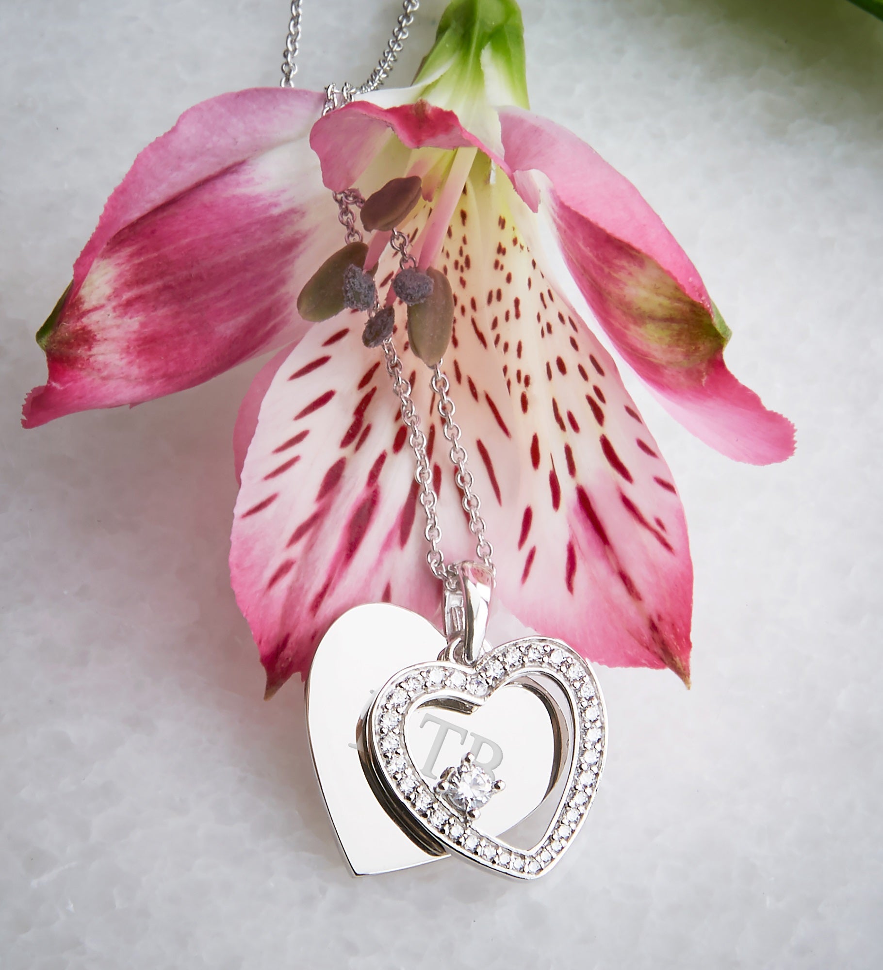 Kittenish Engraved Sterling Silver Pave Heart Swing Necklace