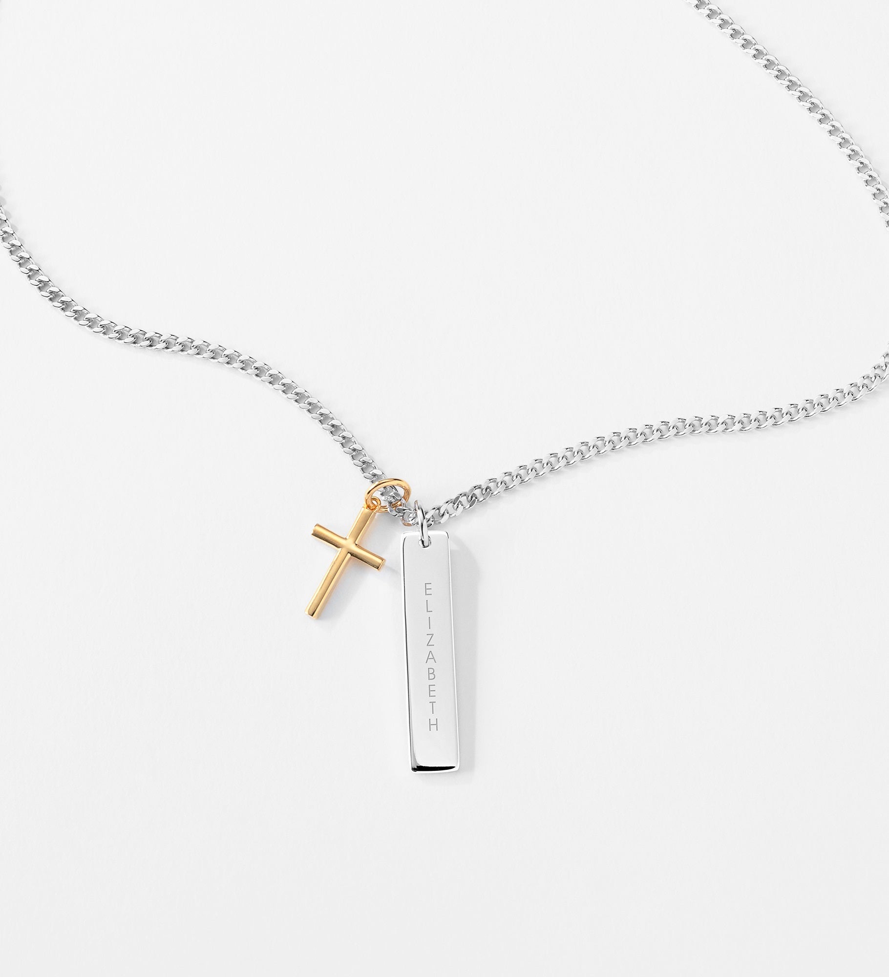 Kittenish Engraved Gold & Sterling Silver Cross and Bar Necklace