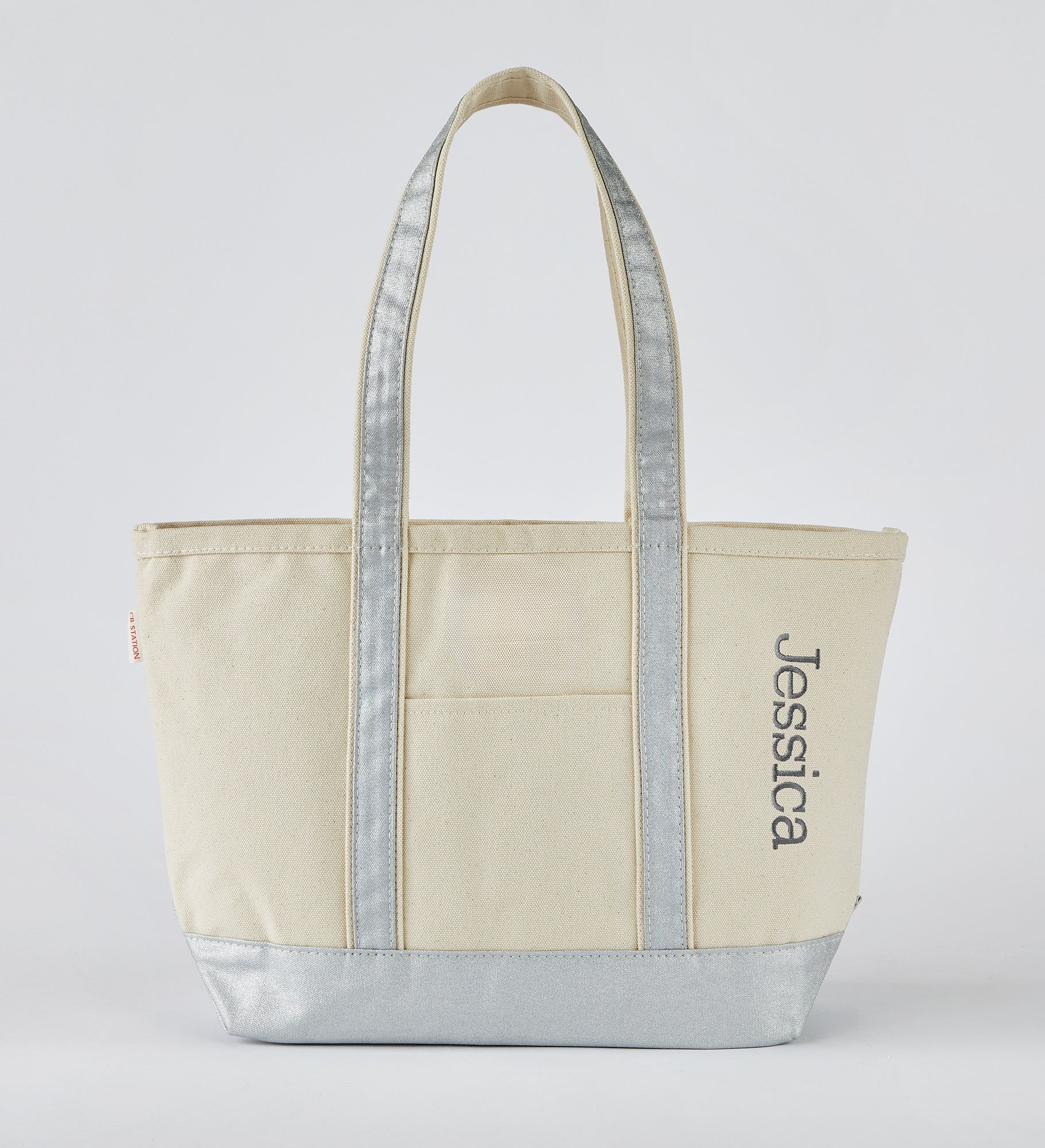 Kittenish Embroidered Medium Classic Silver Tote   Side Text