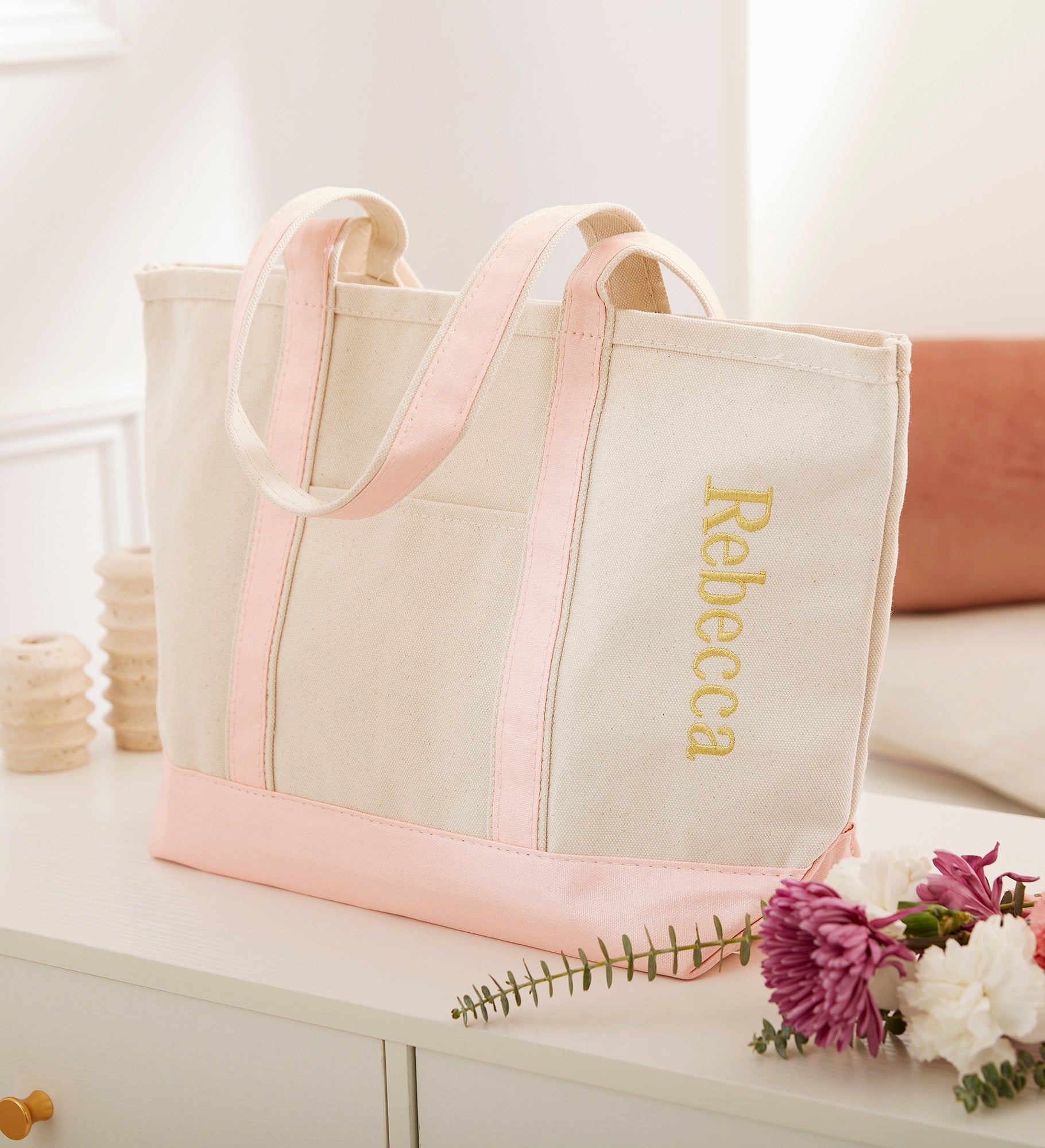 Kittenish Embroidered Pink Metallic Tote   Side Text