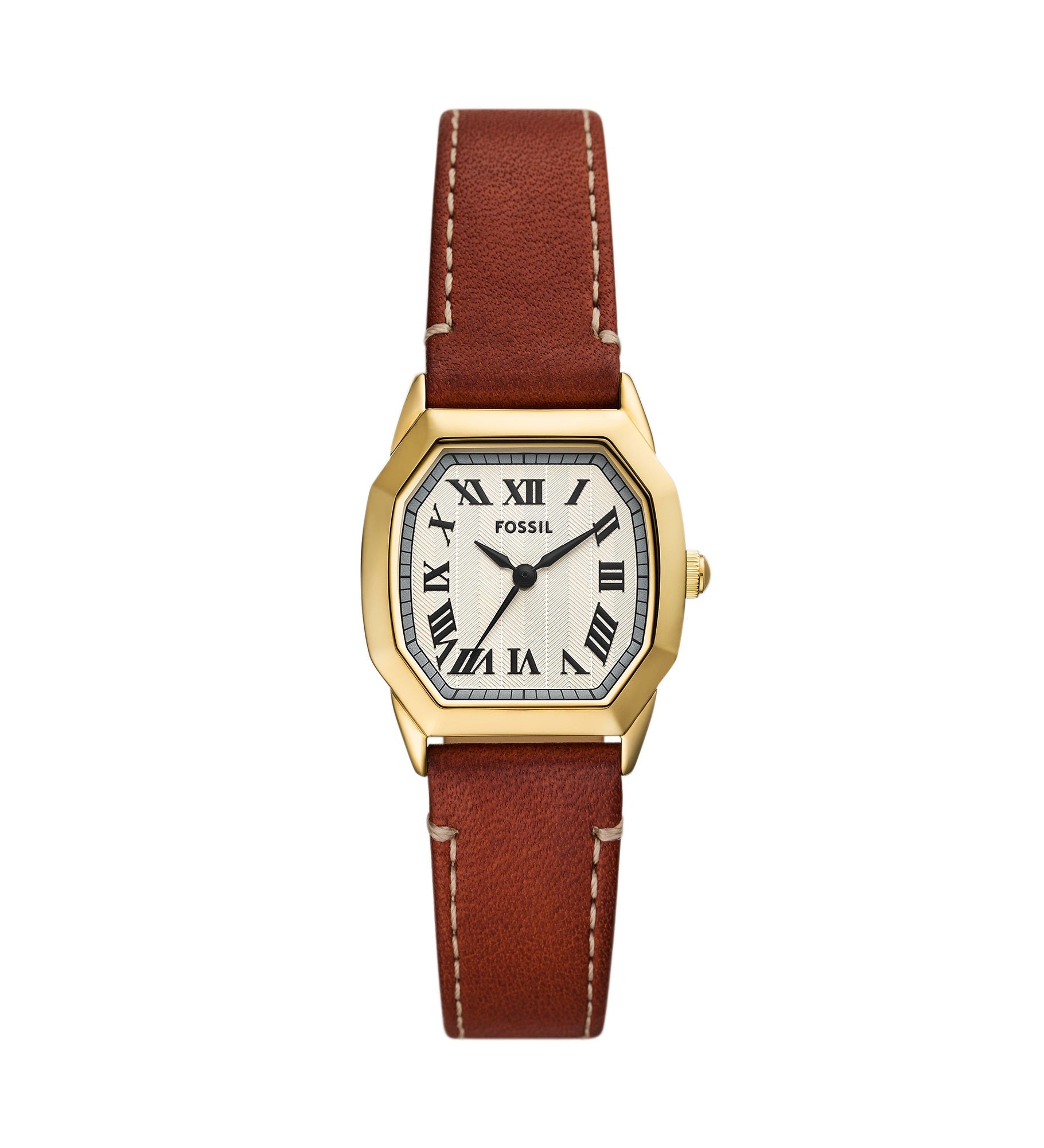 Engraved Fossil Harlow Gold & Brown Leather Watch