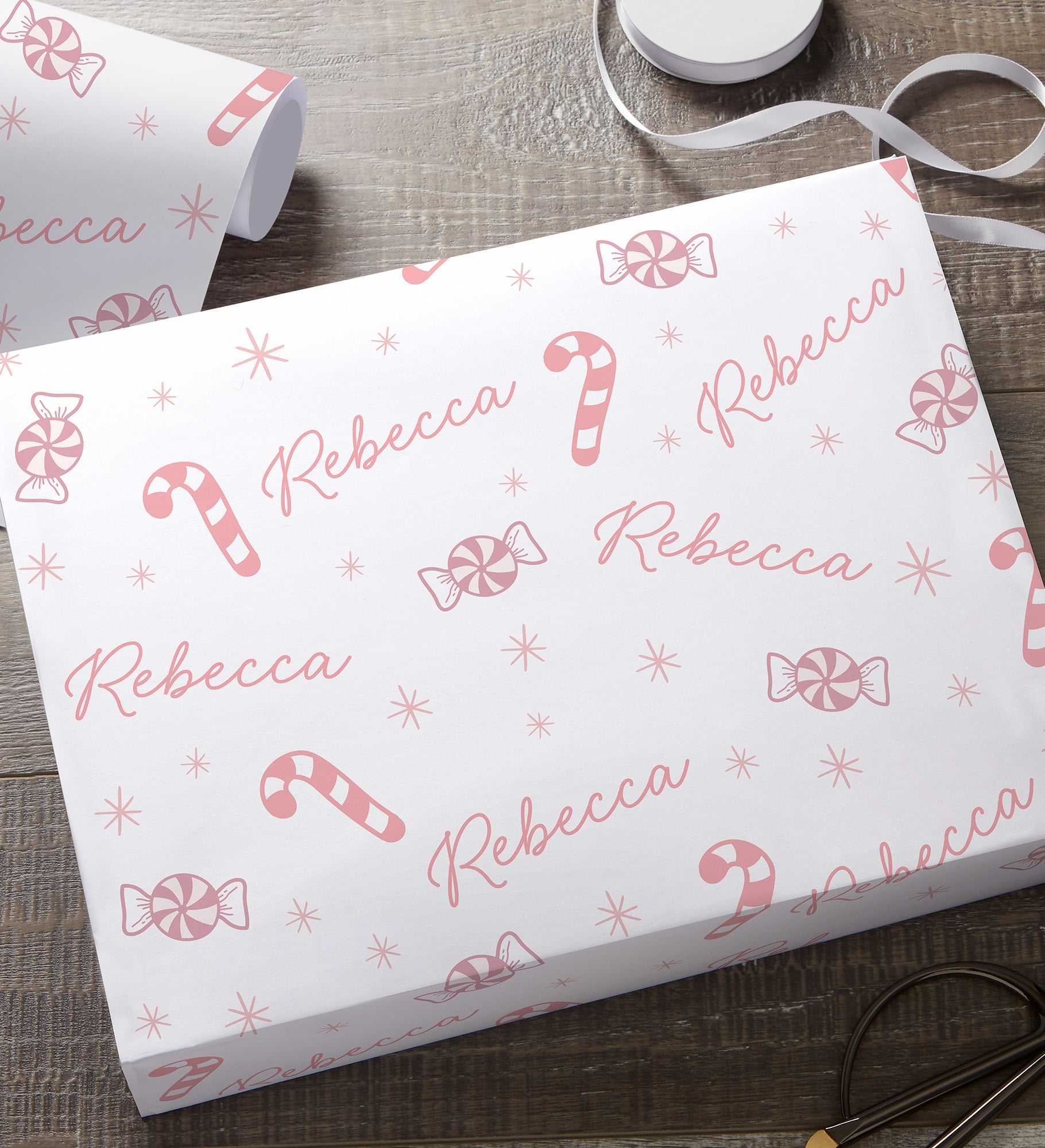Kittenish Pink Peppermints Personalized Wrapping Paper in White