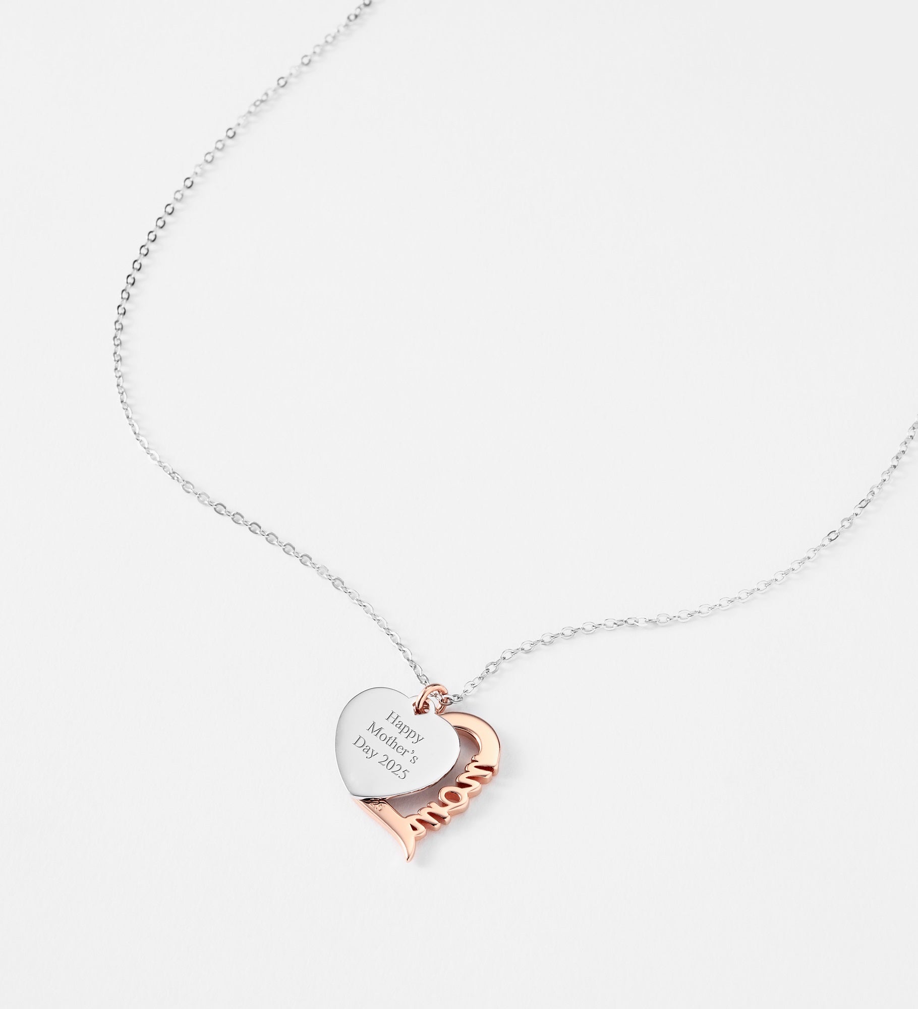 Kittenish Engraved Sterling Silver/Rose Gold Mom Heart Swing Necklace