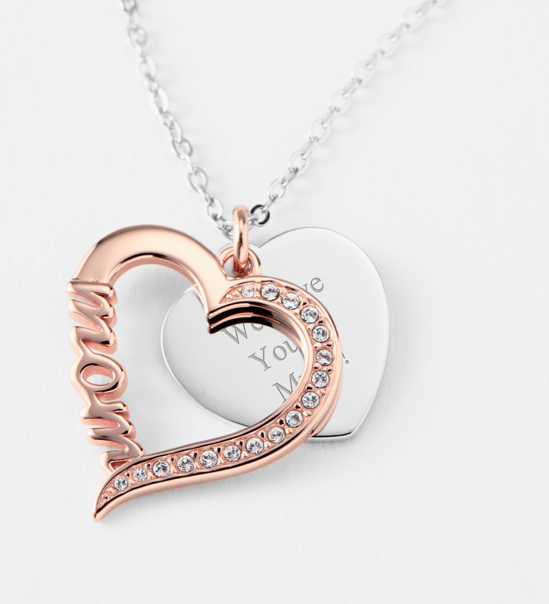 Kittenish Engraved Sterling Silver/Rose Gold Mom Heart Swing Necklace