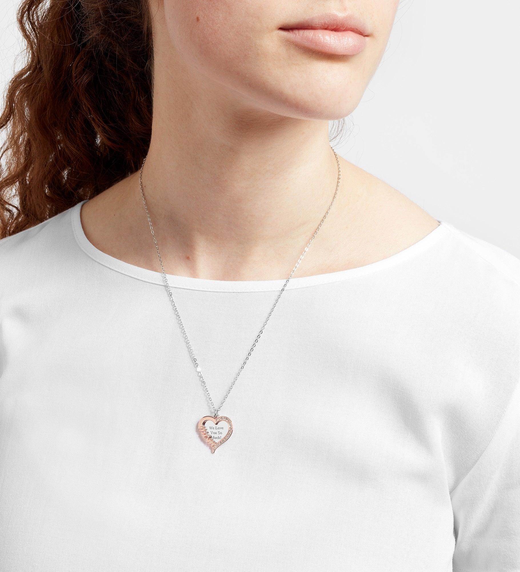 Kittenish Engraved Sterling Silver/Rose Gold Mom Heart Swing Necklace