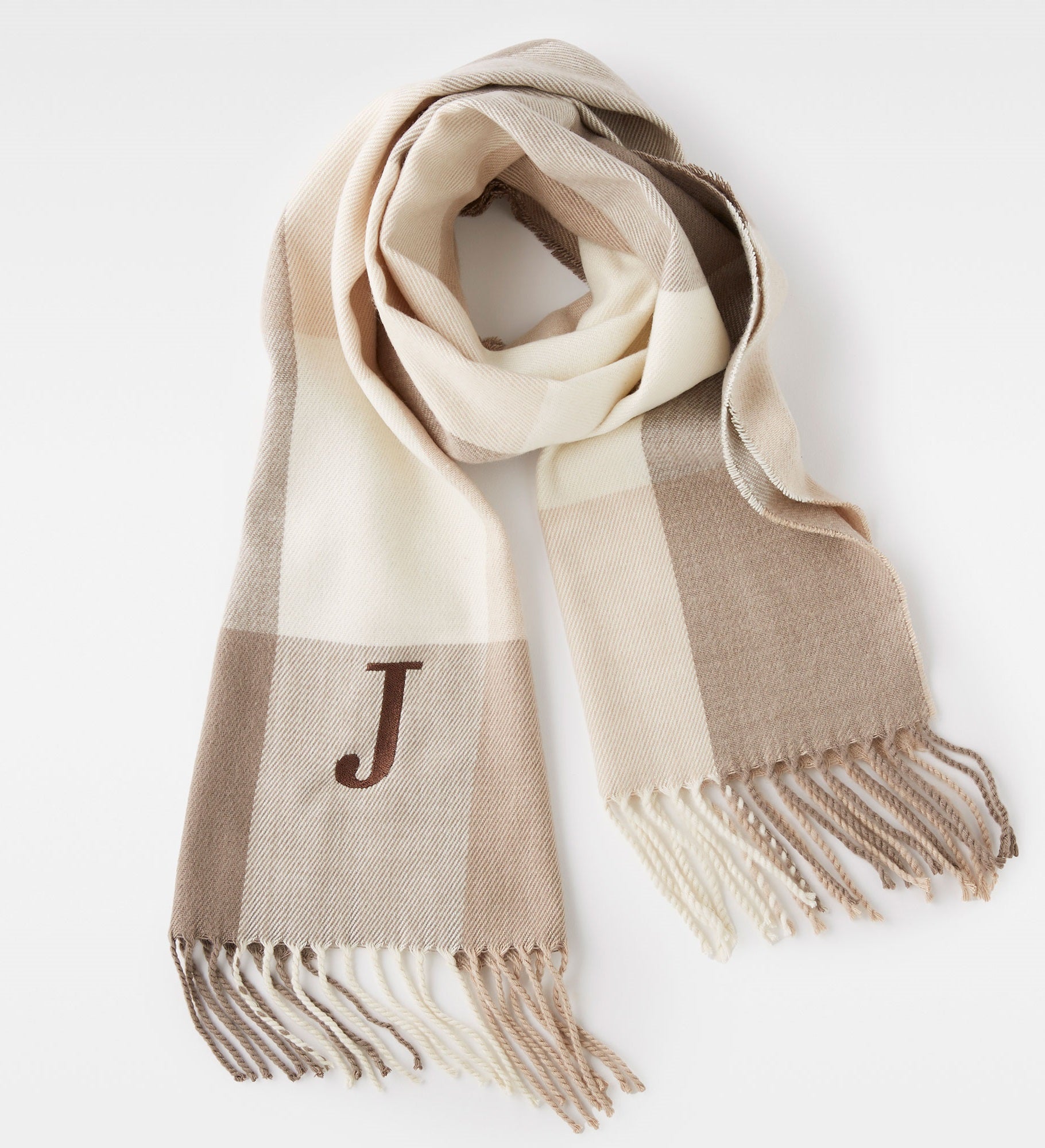 Kittenish Embroidered Soft Fringe Scarf in Neutral Plaid