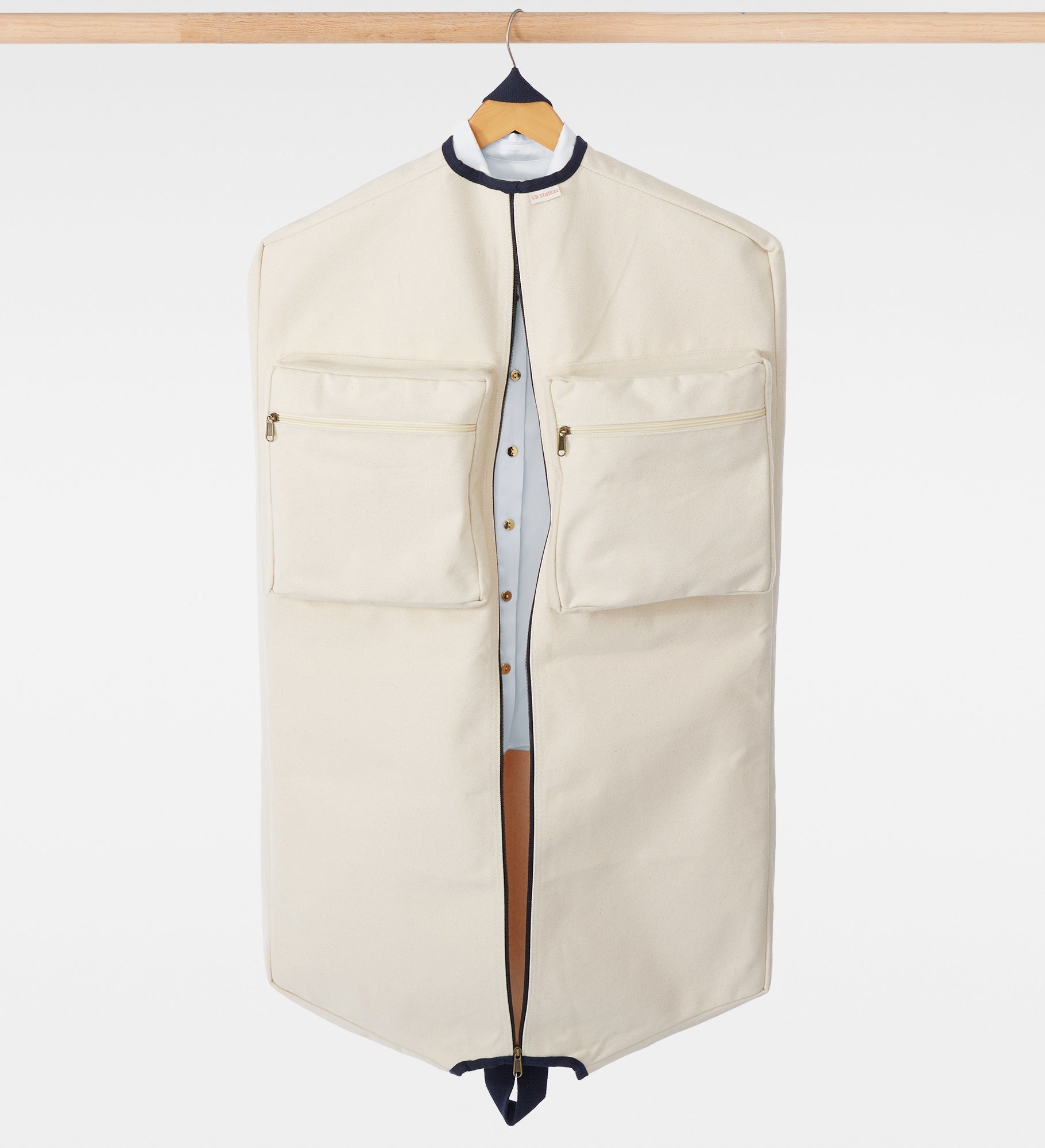 Kittenish Embroidered Canvas Stripe Garment Bag in Natural Ecru