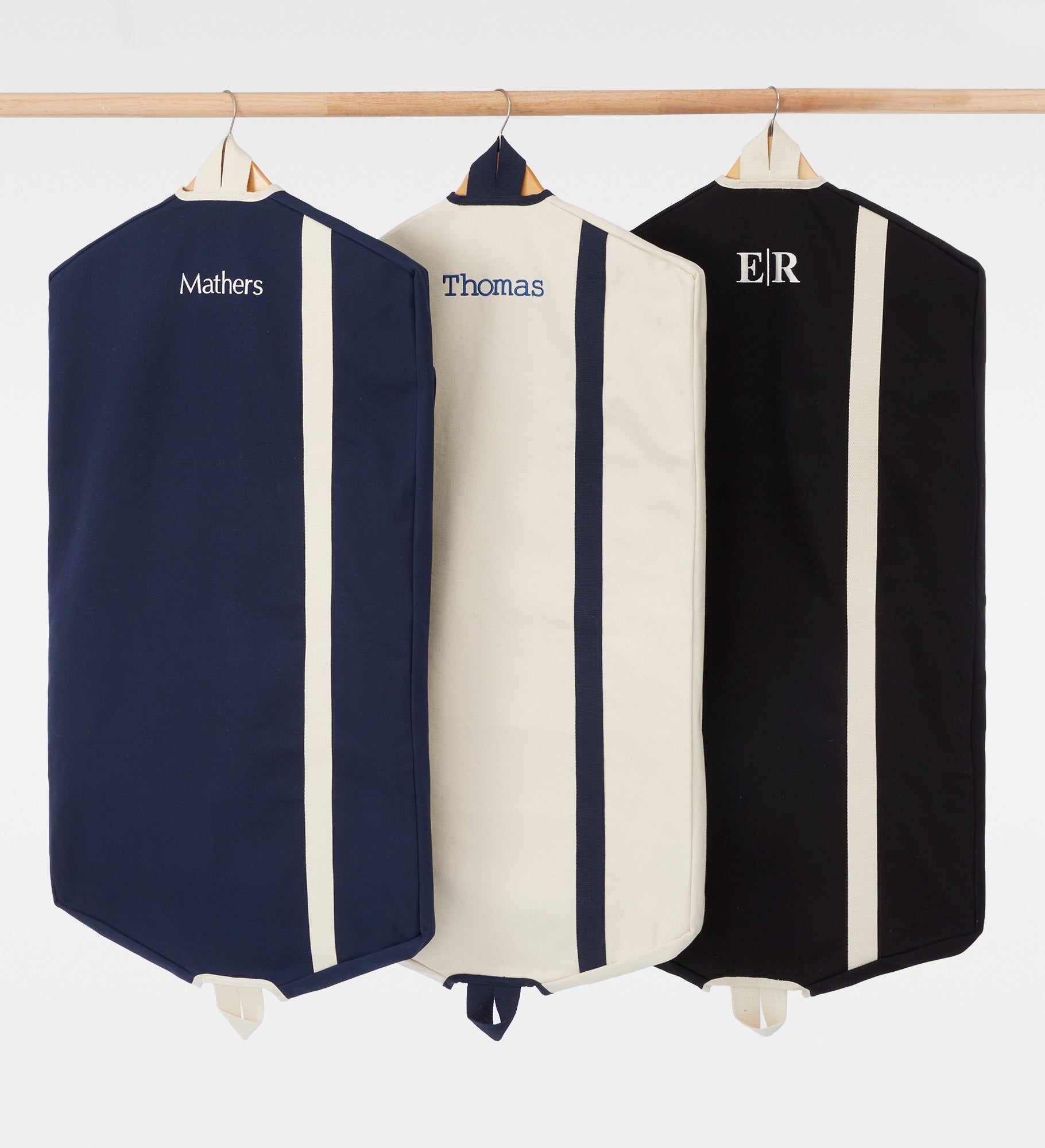 Kittenish Embroidered Canvas Stripe Garment Bag in Natural Ecru