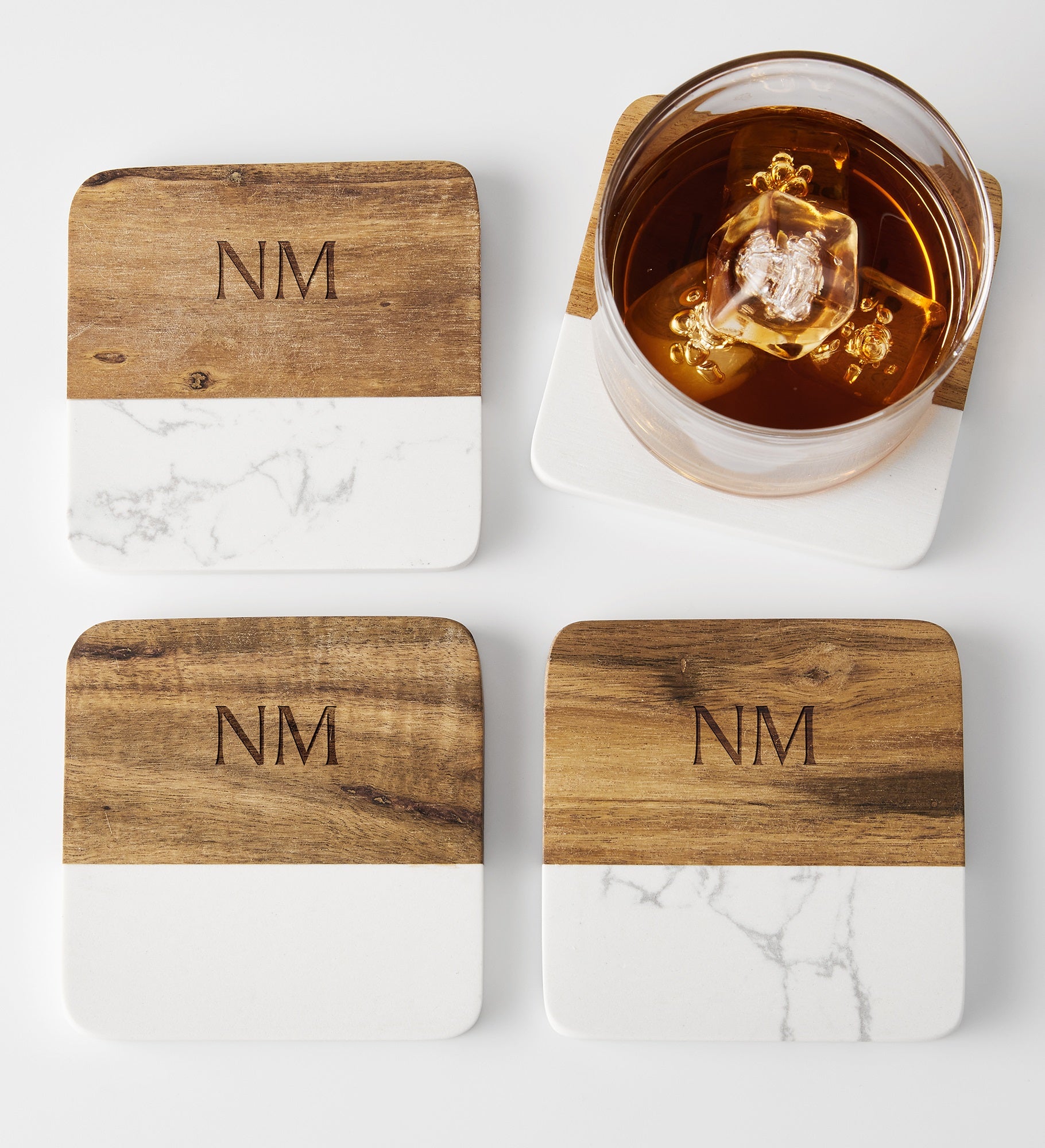 Kittenish Engraved Monogram Wood and Stone Coaster Set