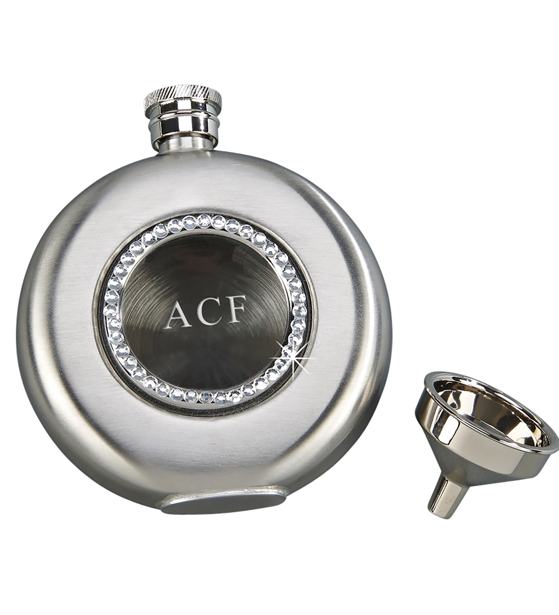 Kittenish Engraved Round Jeweled Flask