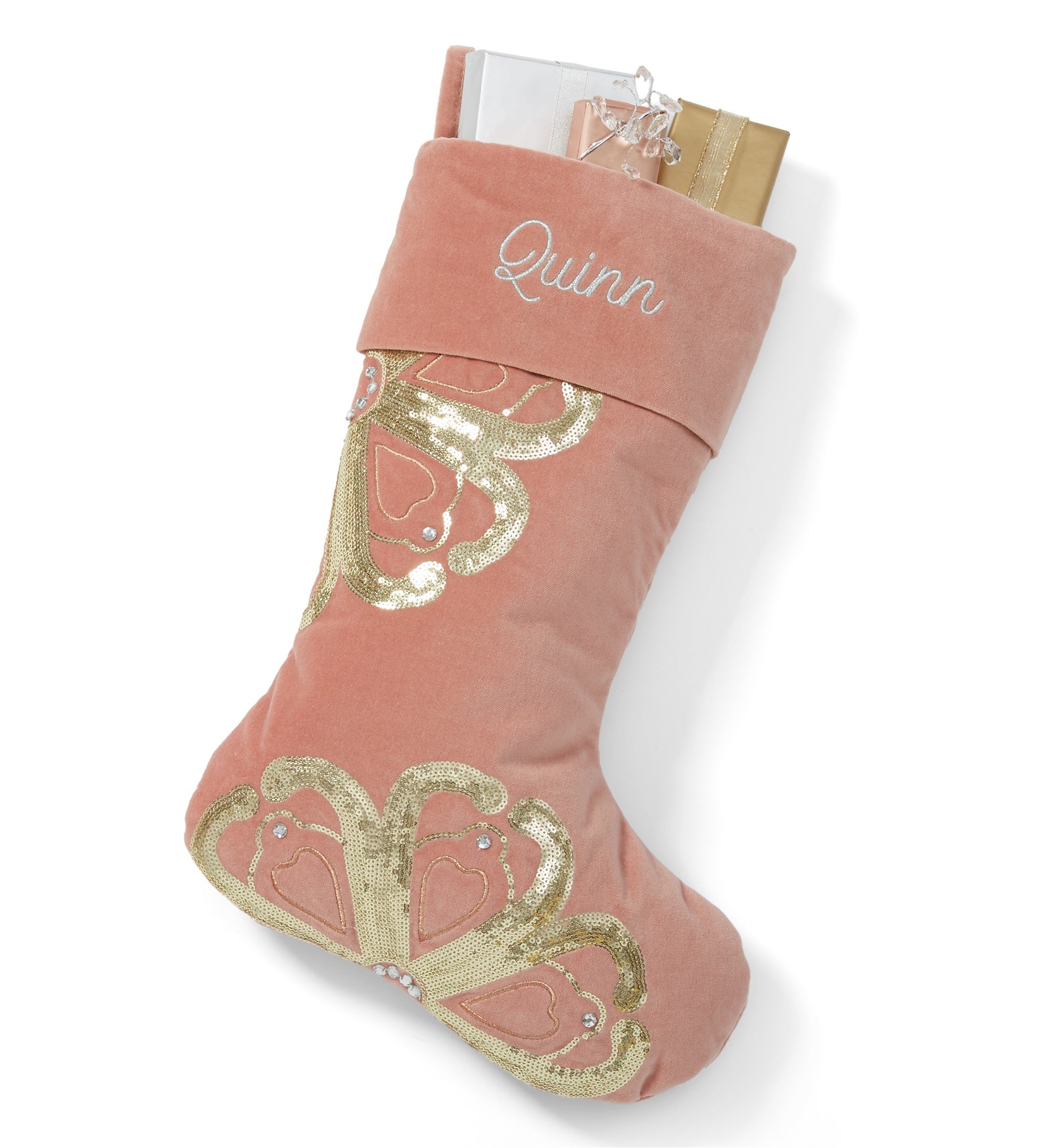 Embroidered Anastasia Velveteen Stocking in Pink and Gold