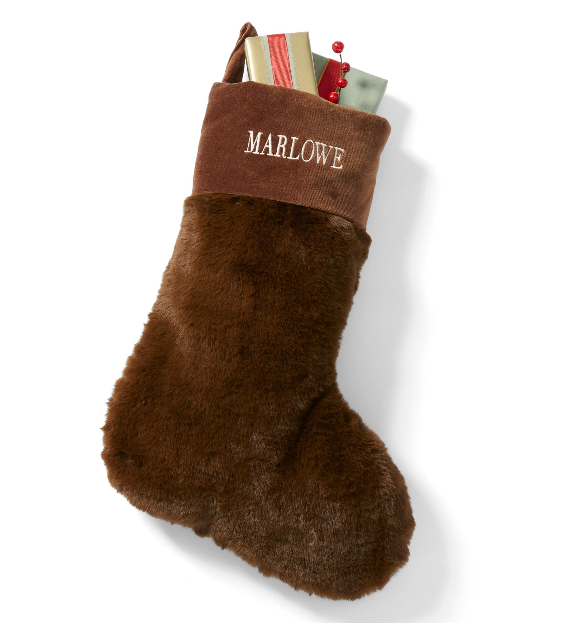 Embroidered Luxe Faux Fur Stocking in Mocha