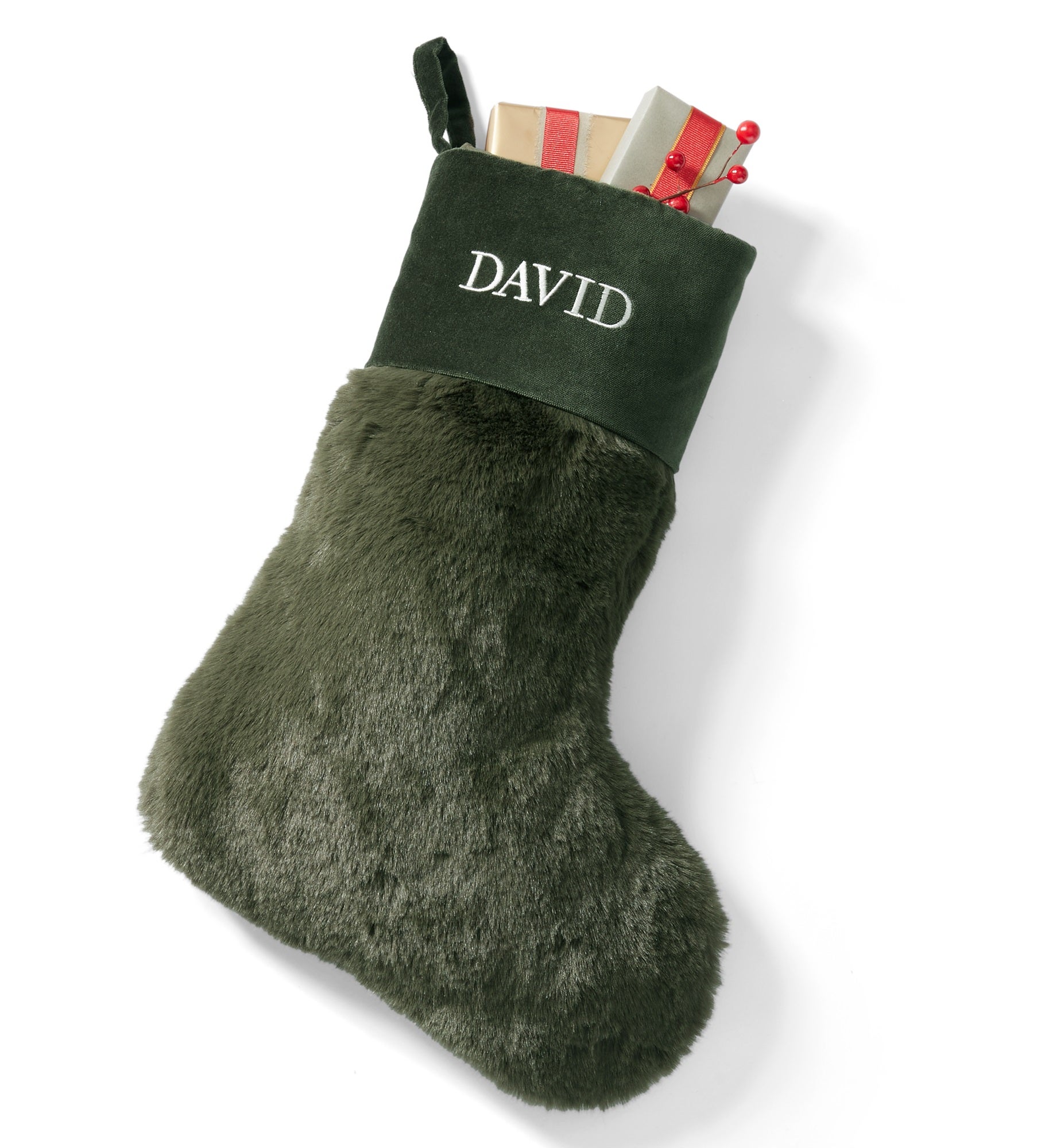 Embroidered Luxe Faux Fur Stocking in Evergreen